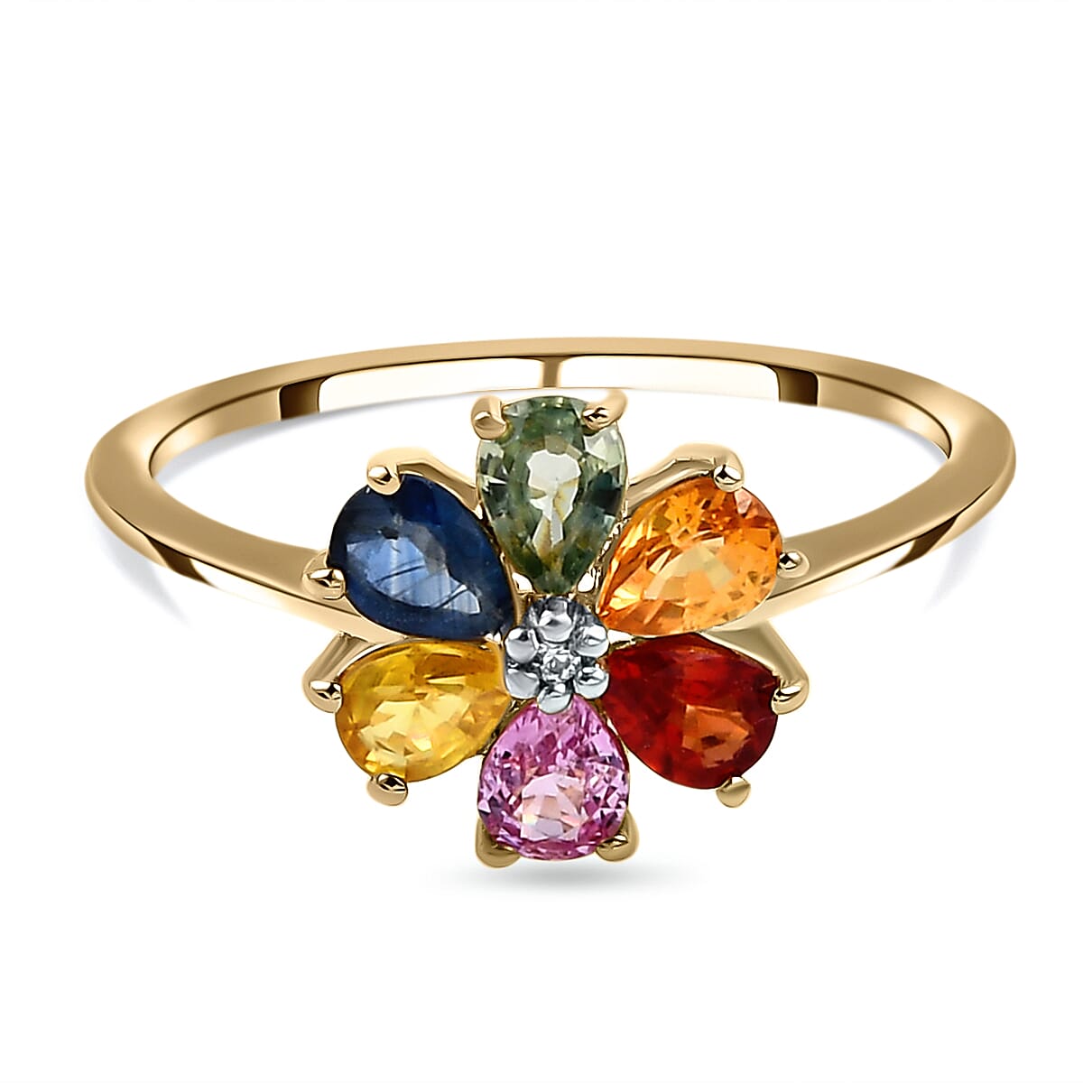 Rainbow Sapphire and Natural Cambodian Zircon Floral Ring in 18K Vermeil Yellow Gold Plated Sterling Silver 1.16 Ct.