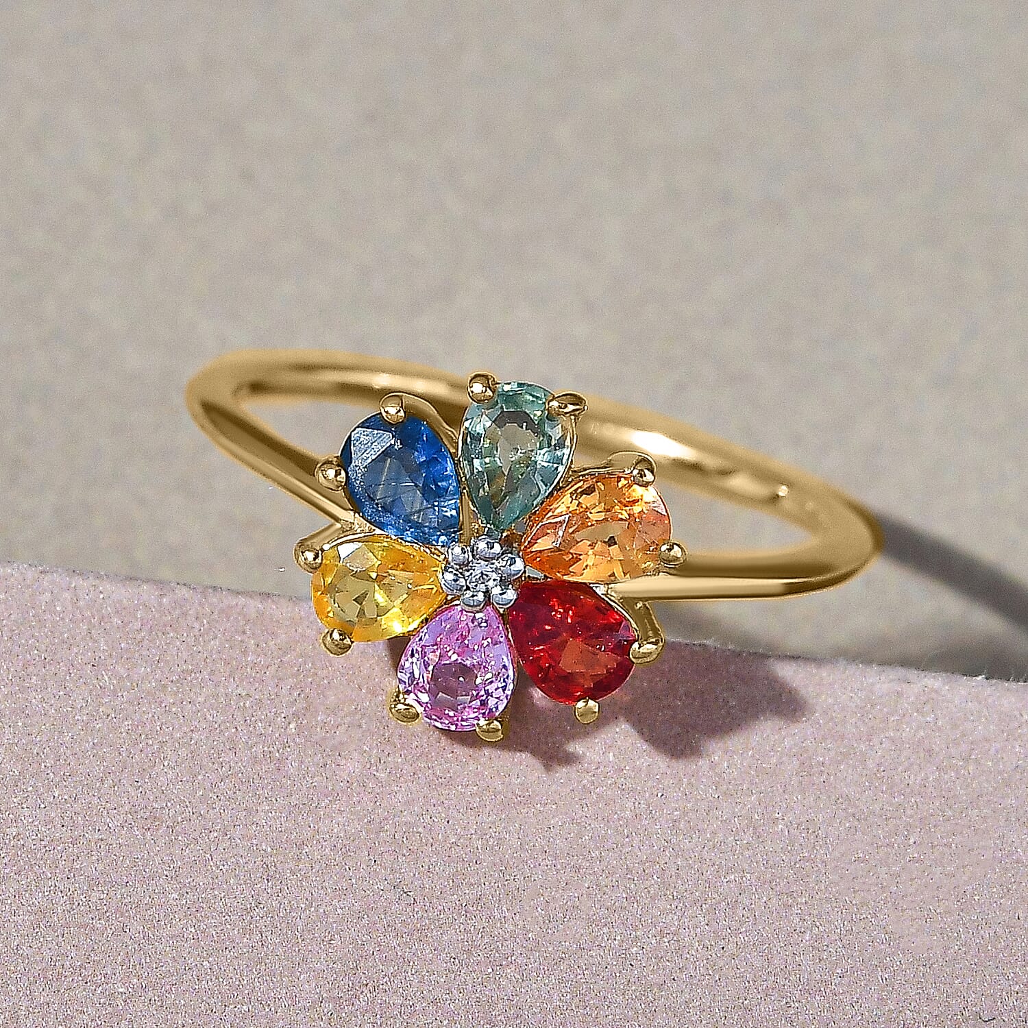 Rainbow Sapphire and Natural Cambodian Zircon Floral Ring in 18K Vermeil Yellow Gold Plated Sterling Silver 1.16 Ct.
