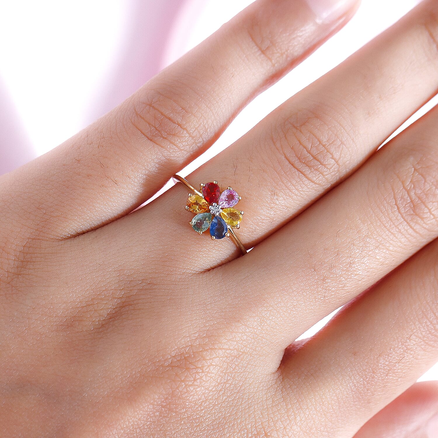Rainbow Sapphire and Natural Cambodian Zircon Floral Ring in 18K Vermeil Yellow Gold Plated Sterling Silver 1.16 Ct.
