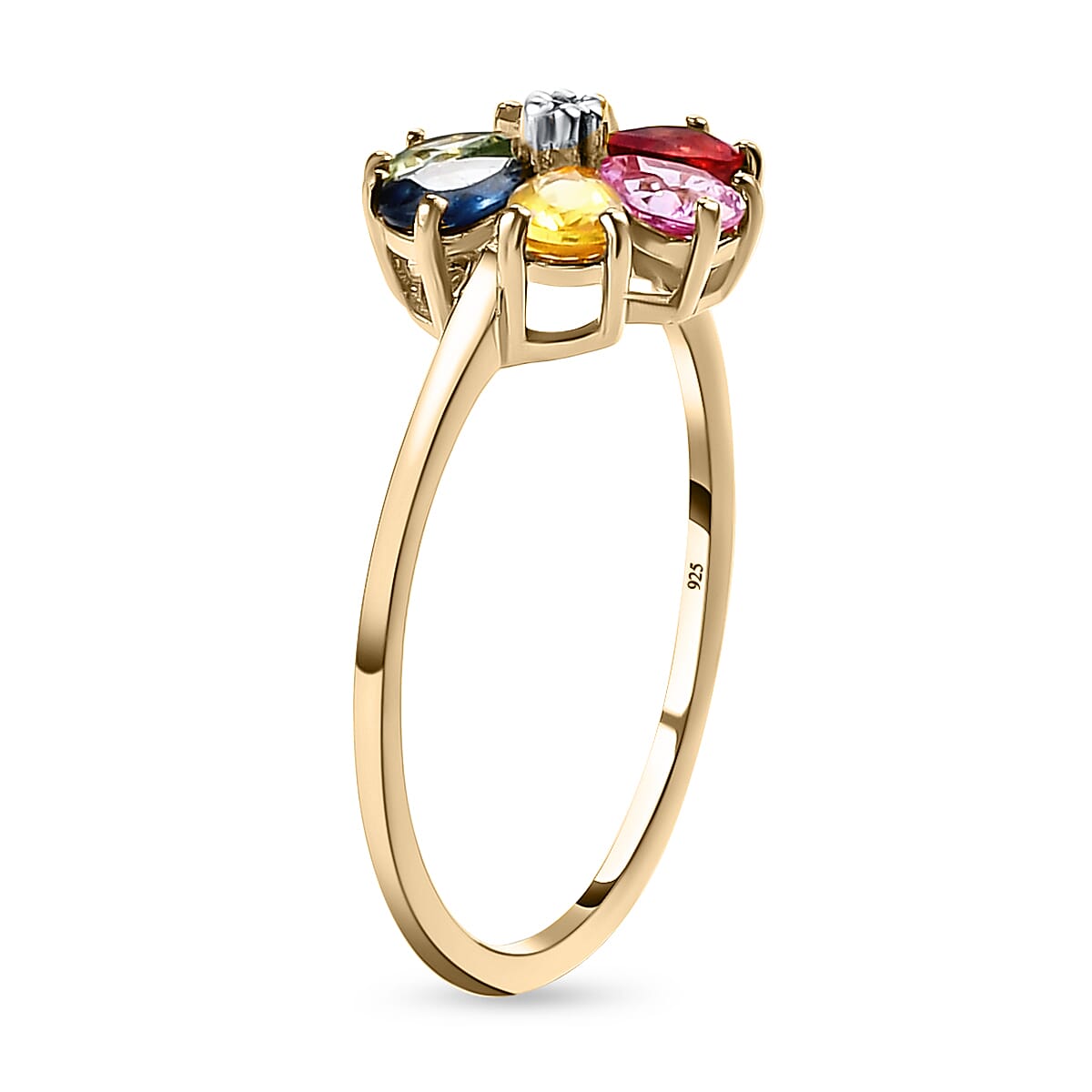 Rainbow Sapphire and Natural Cambodian Zircon Floral Ring in 18K Vermeil Yellow Gold Plated Sterling Silver 1.16 Ct.