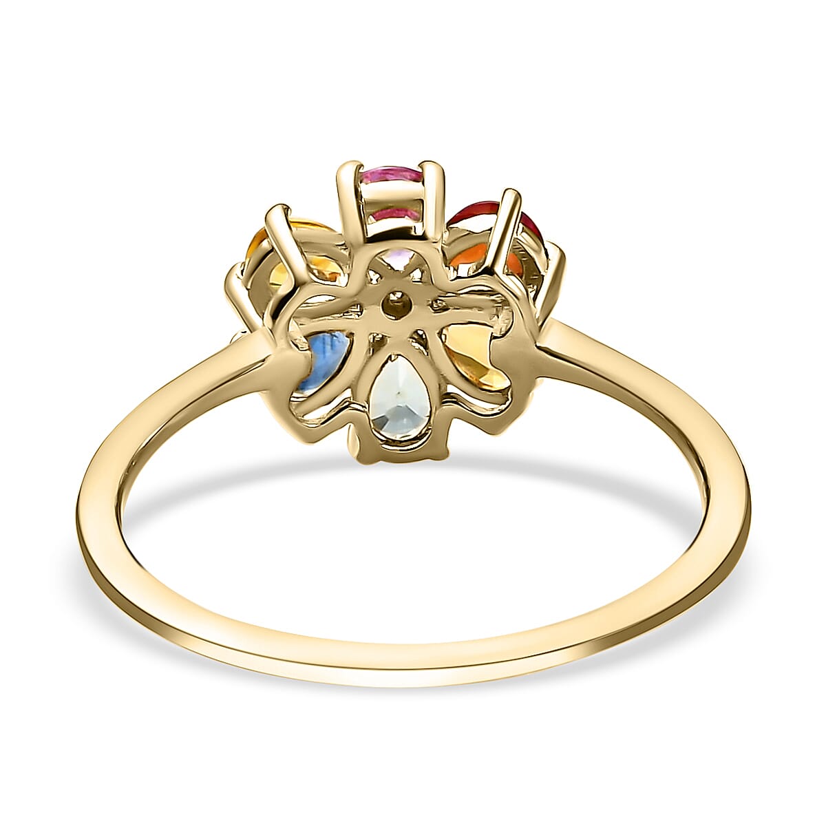 Rainbow Sapphire and Natural Cambodian Zircon Floral Ring in 18K Vermeil Yellow Gold Plated Sterling Silver 1.16 Ct.