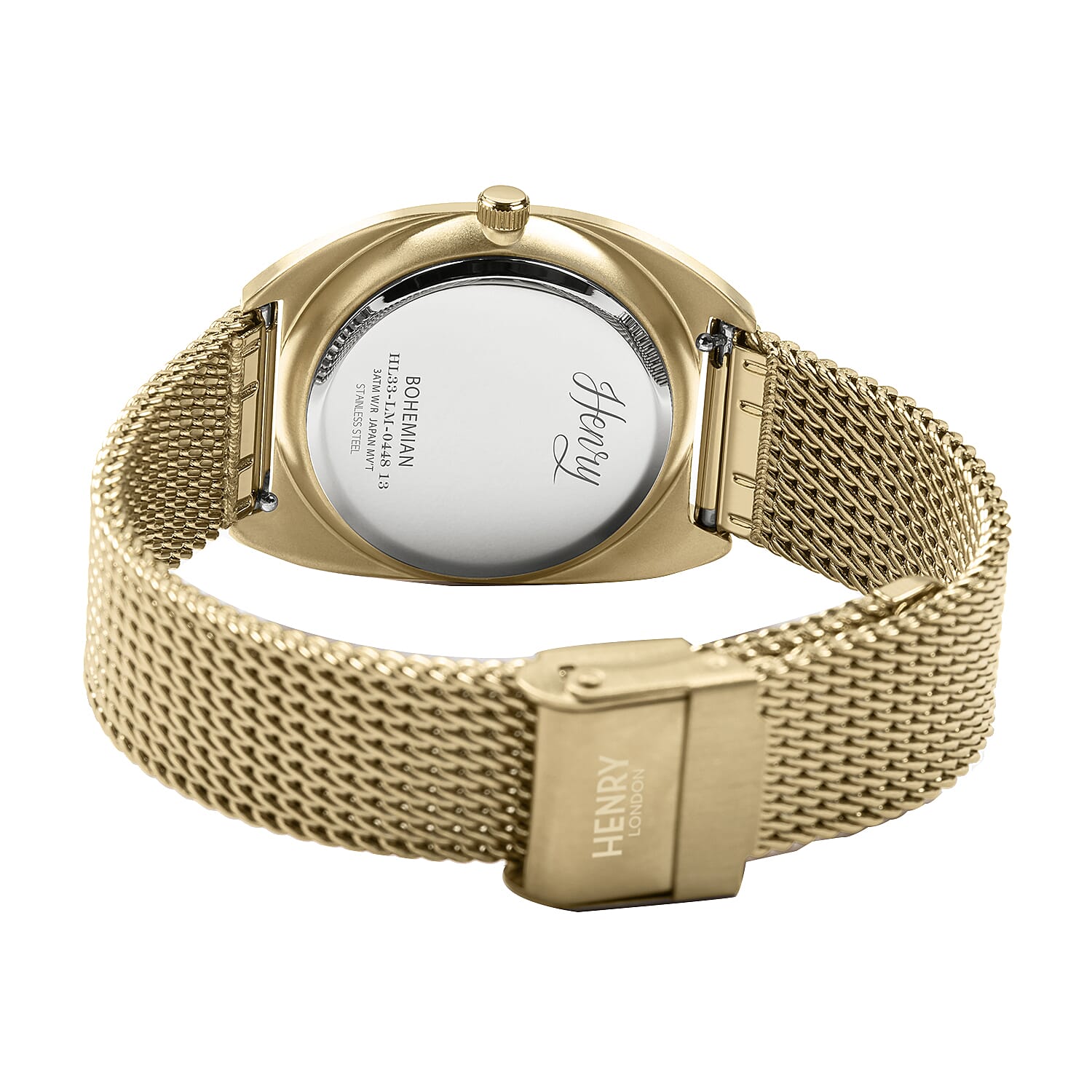Henry London Moonphase Square Round Ladies White Silver Dial 3 ATM Water Resistant Watch with Gold Colour Mesh Bracelet