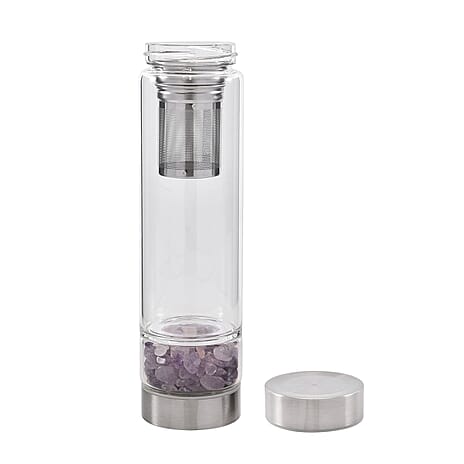 Water bottle with Crystal Stone & Tea Infuser (450ml) - Amethyst (with Grey Cup Cover)