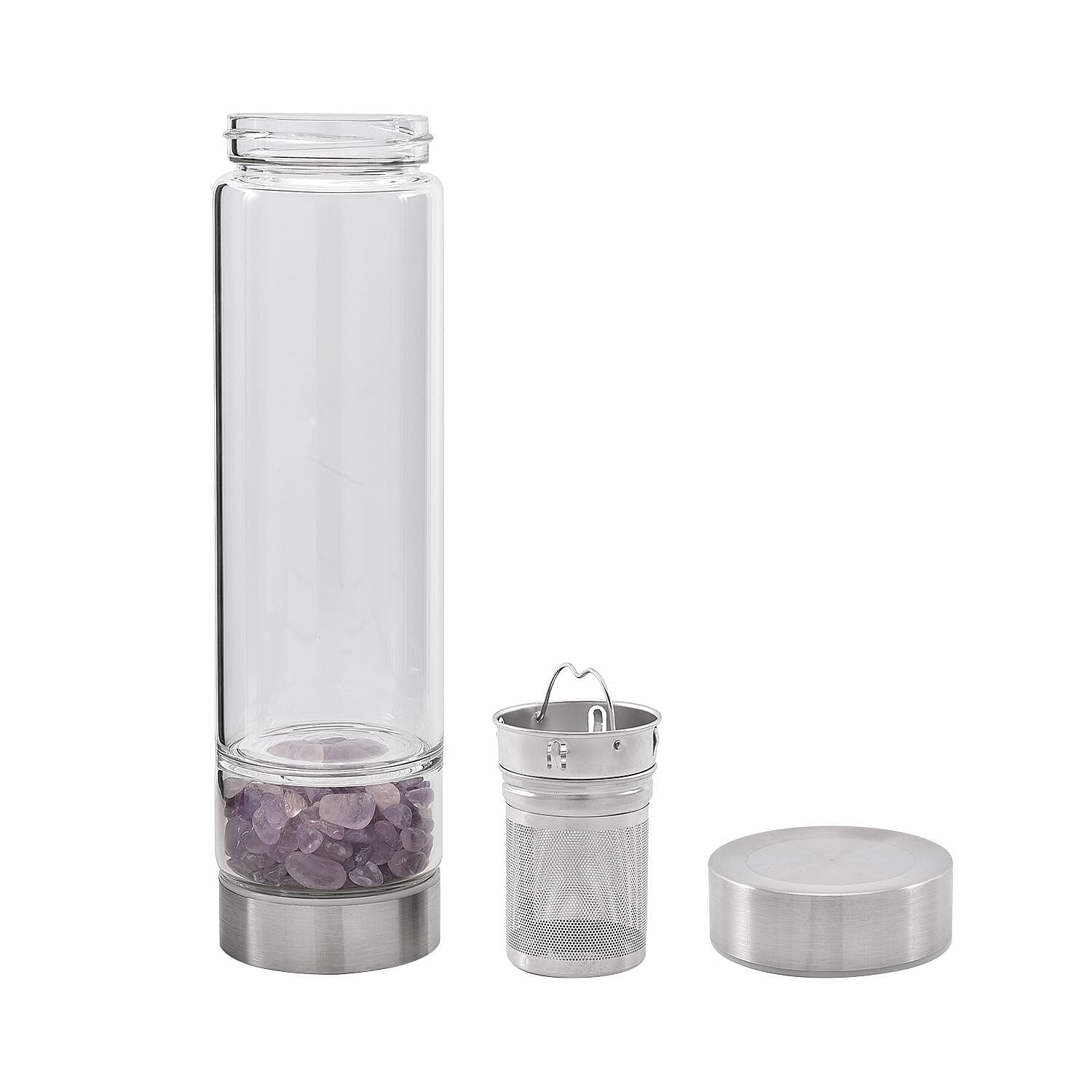 Water bottle with Crystal Stone & Tea Infuser (450ml) - Amethyst (with Grey Cup Cover)
