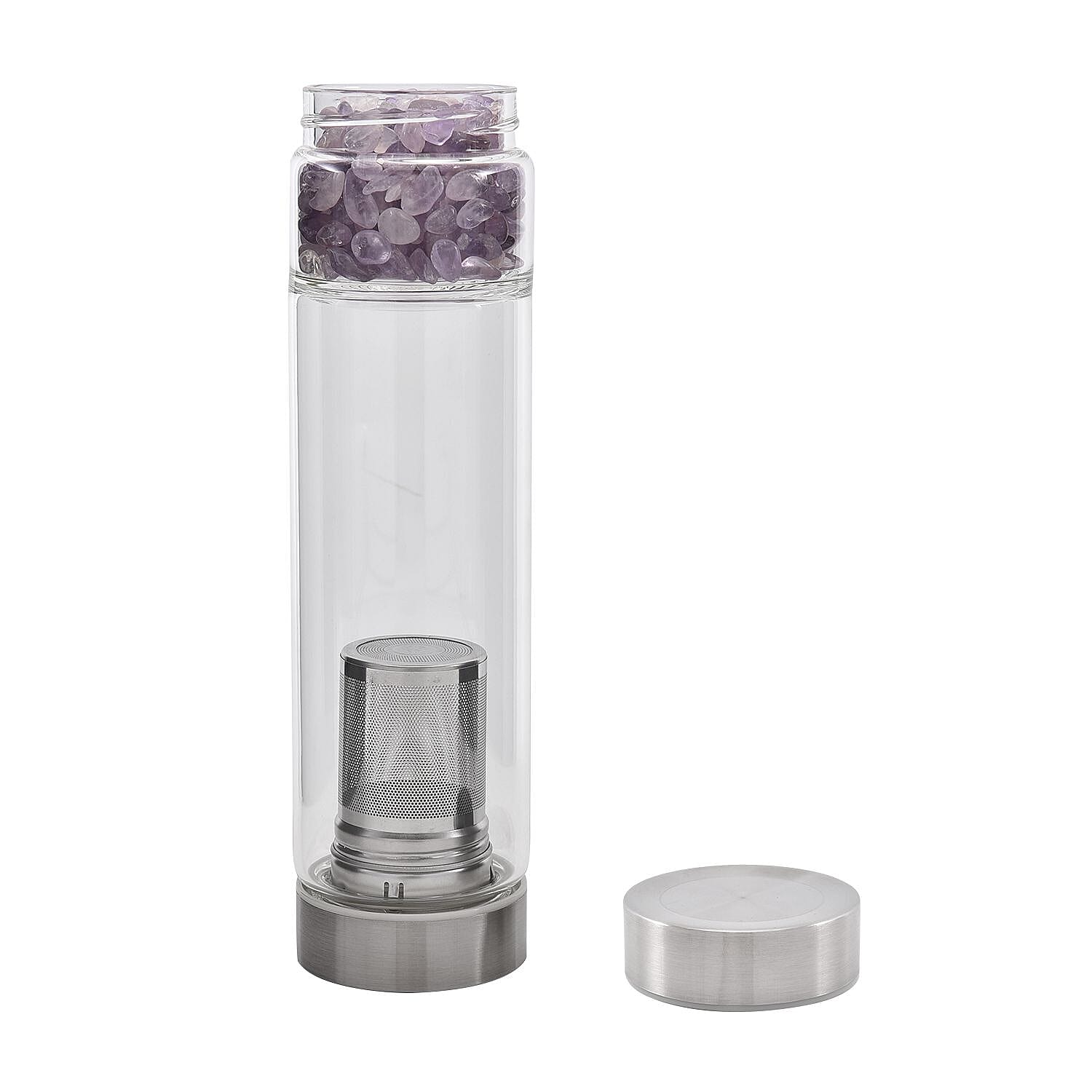 Water bottle with Crystal Stone & Tea Infuser (450ml) - Amethyst (with Grey Cup Cover)