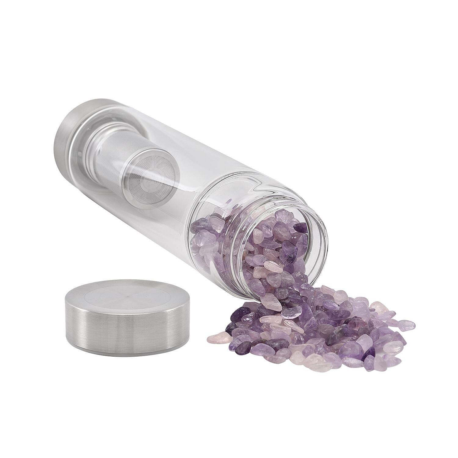 Water bottle with Crystal Stone & Tea Infuser (450ml) - Amethyst (with Grey Cup Cover)