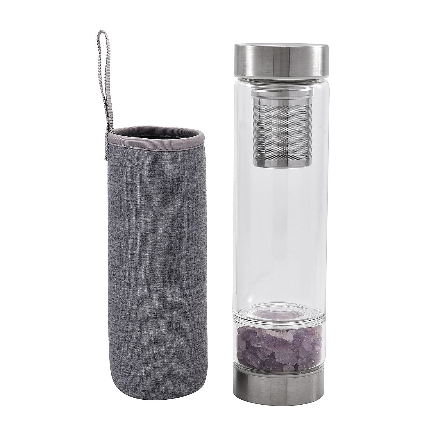 Water bottle with Crystal Stone & Tea Infuser (450ml) - Amethyst (with Grey Cup Cover)