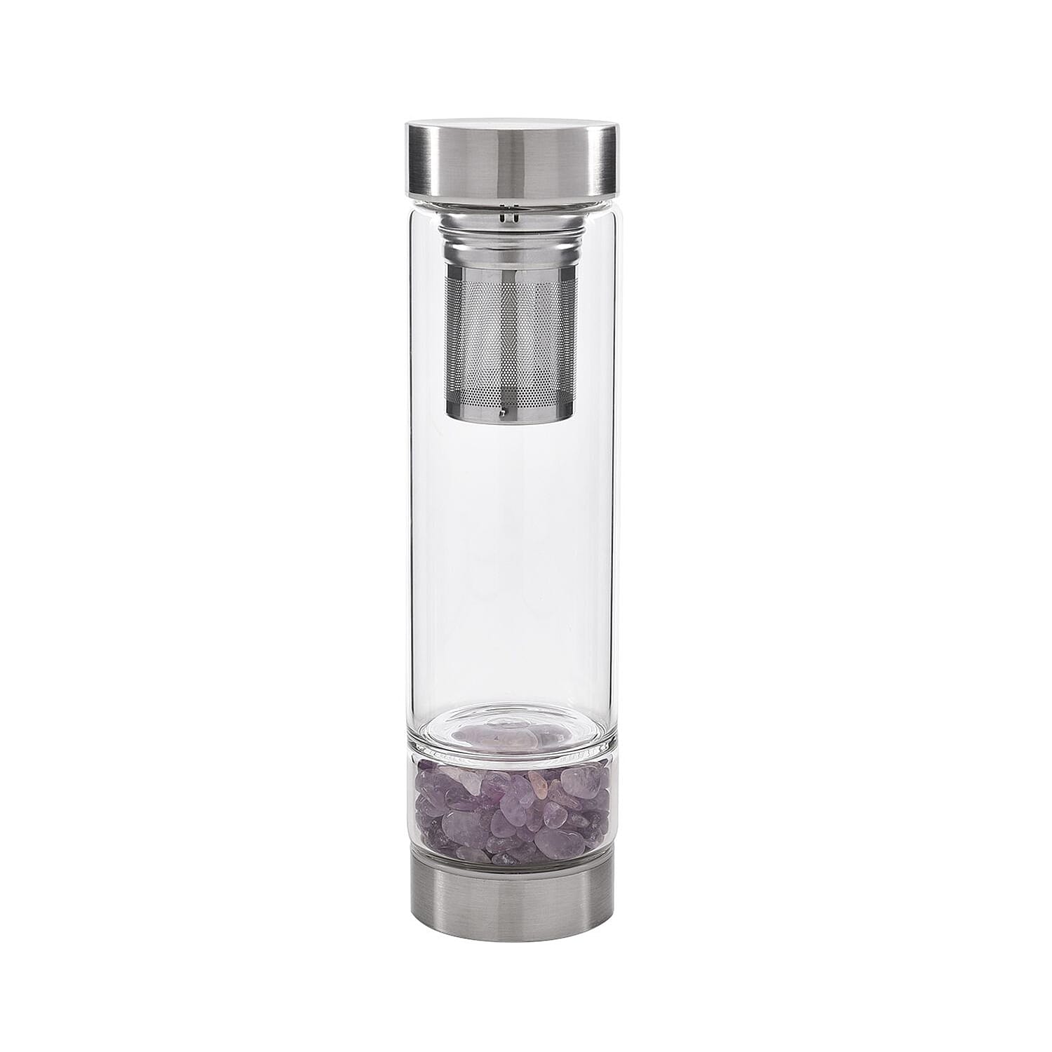 Water bottle with Crystal Stone & Tea Infuser (450ml) - Amethyst (with Grey Cup Cover)