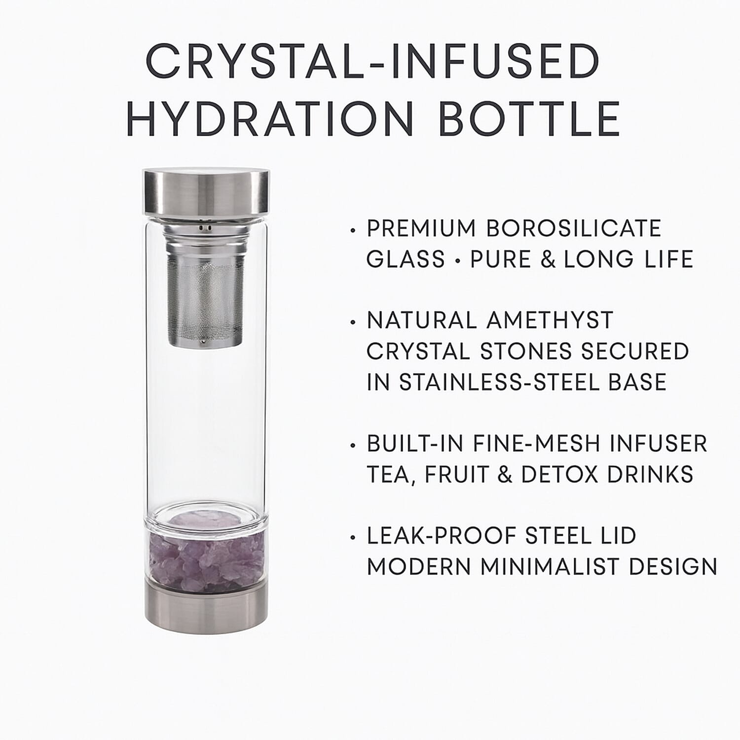 Water bottle with Crystal Stone & Tea Infuser (450ml) - Amethyst (with Grey Cup Cover)