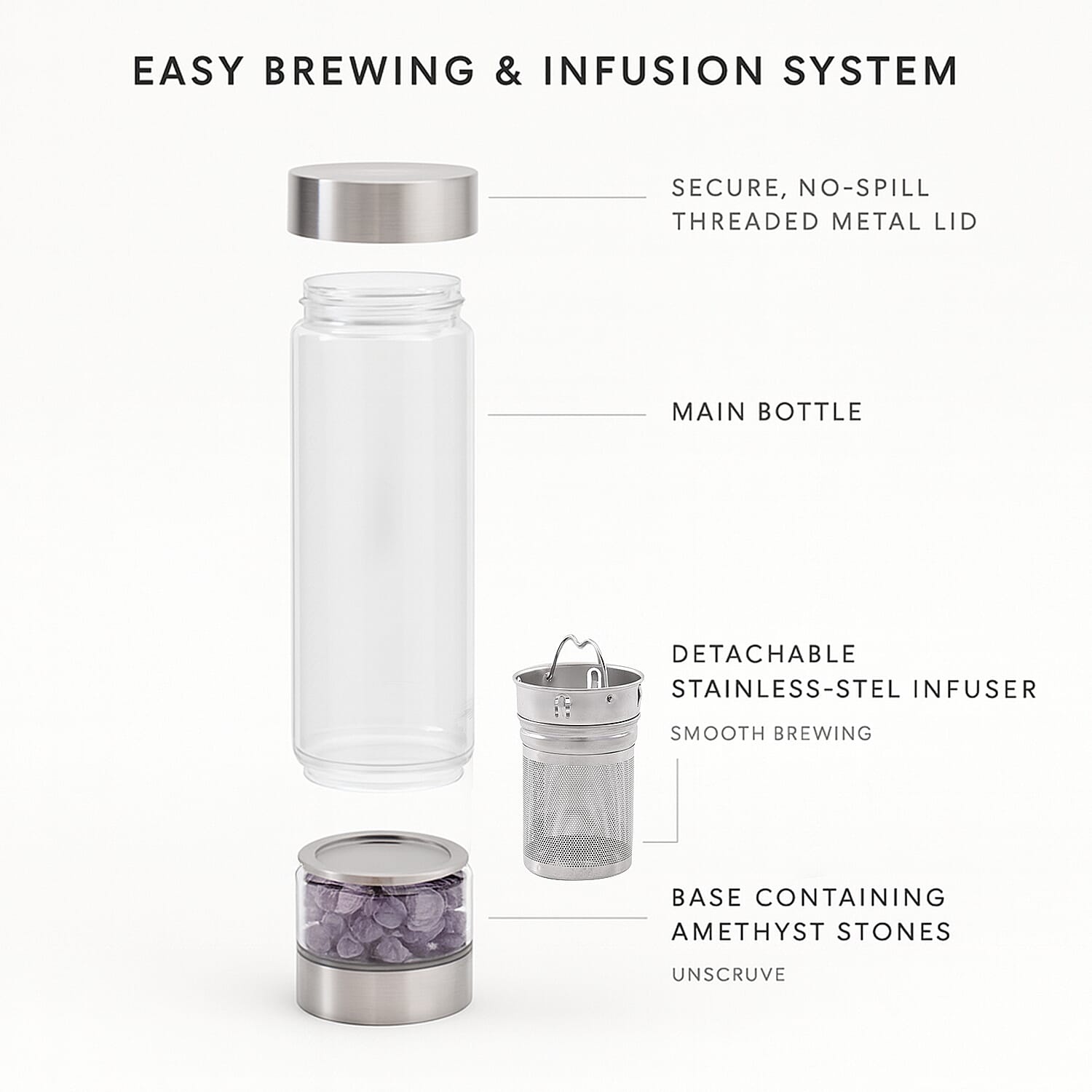 Water bottle with Crystal Stone & Tea Infuser (450ml) - Amethyst (with Grey Cup Cover)