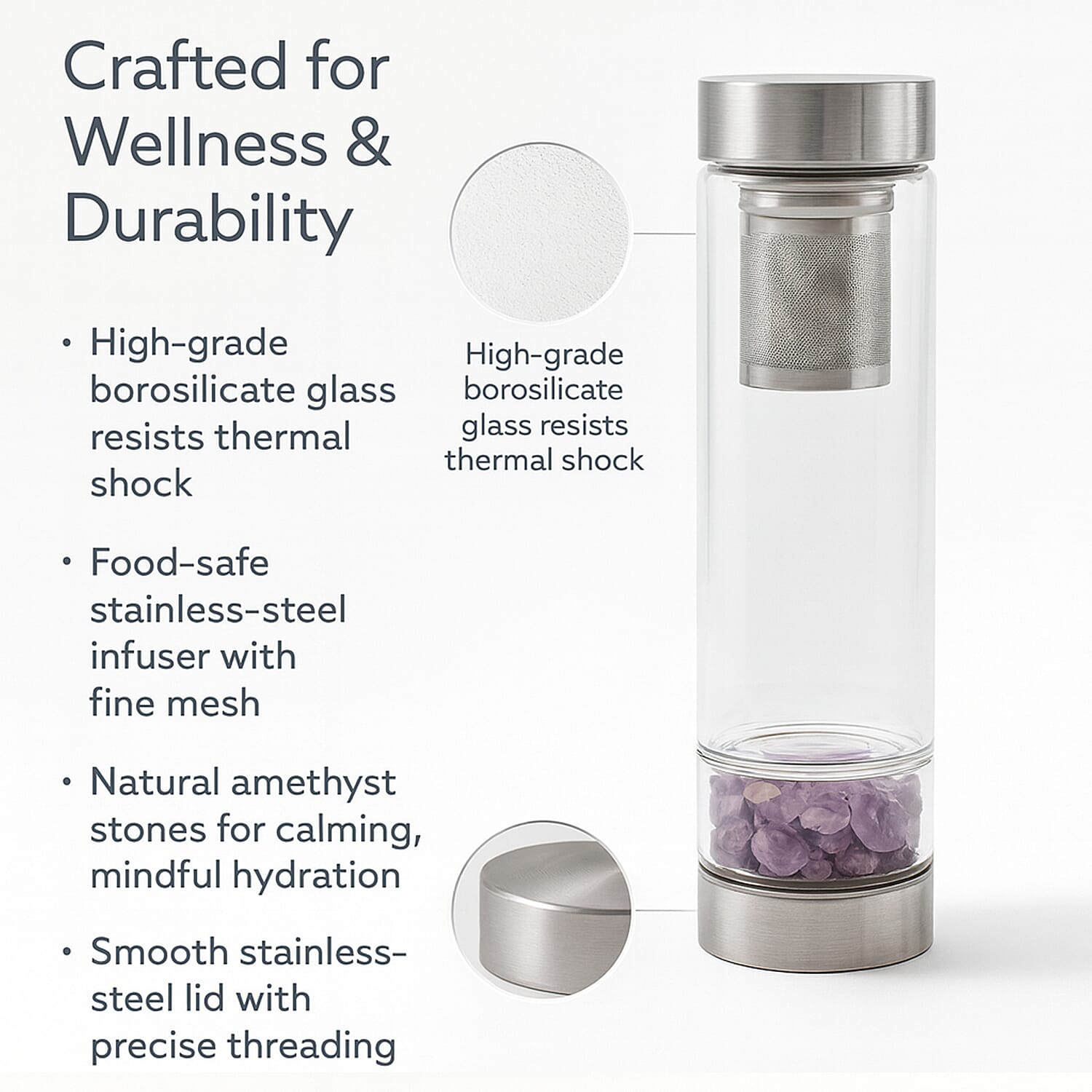 Water bottle with Crystal Stone & Tea Infuser (450ml) - Amethyst (with Grey Cup Cover)