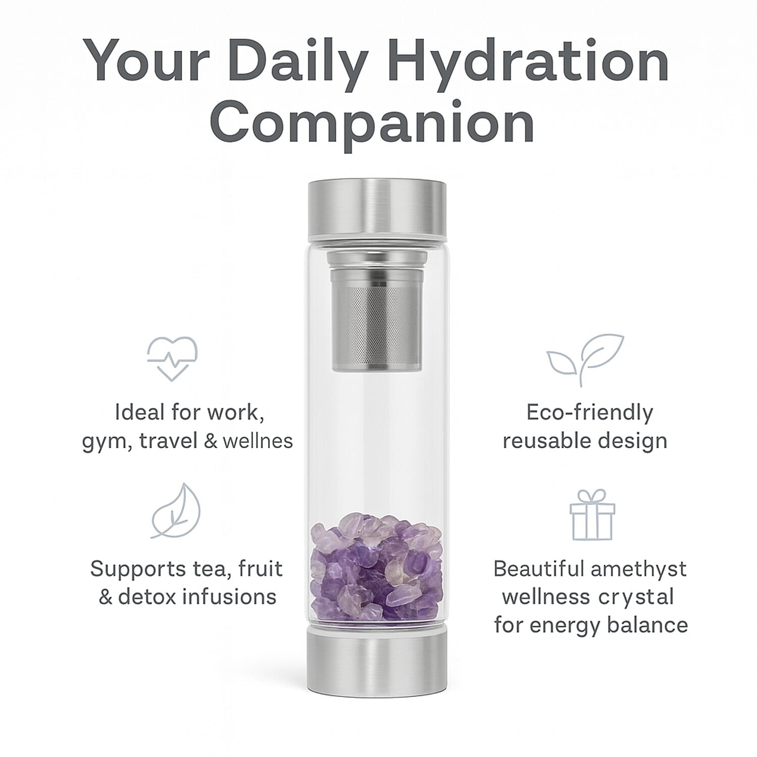 Water bottle with Crystal Stone & Tea Infuser (450ml) - Amethyst (with Grey Cup Cover)