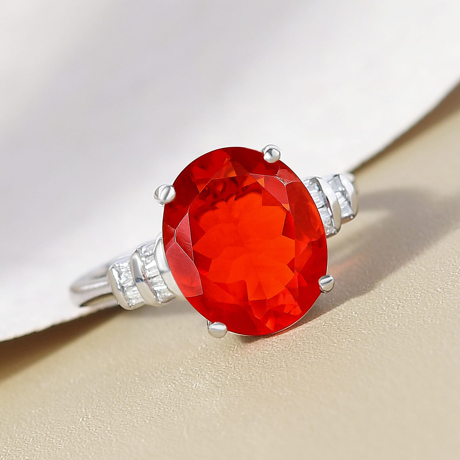 RHAPSODY 950 Platinum AAAA Jalisco Fire Opal and Diamond (VS-E-F) Ring 3.14 Ct, Platinum Wt. 6.02 Gms