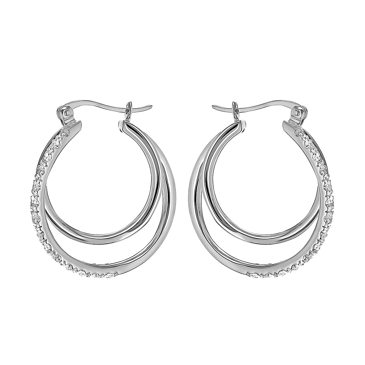 High Finish Sterling Silver CZ Double Hoop Creole Earrings
