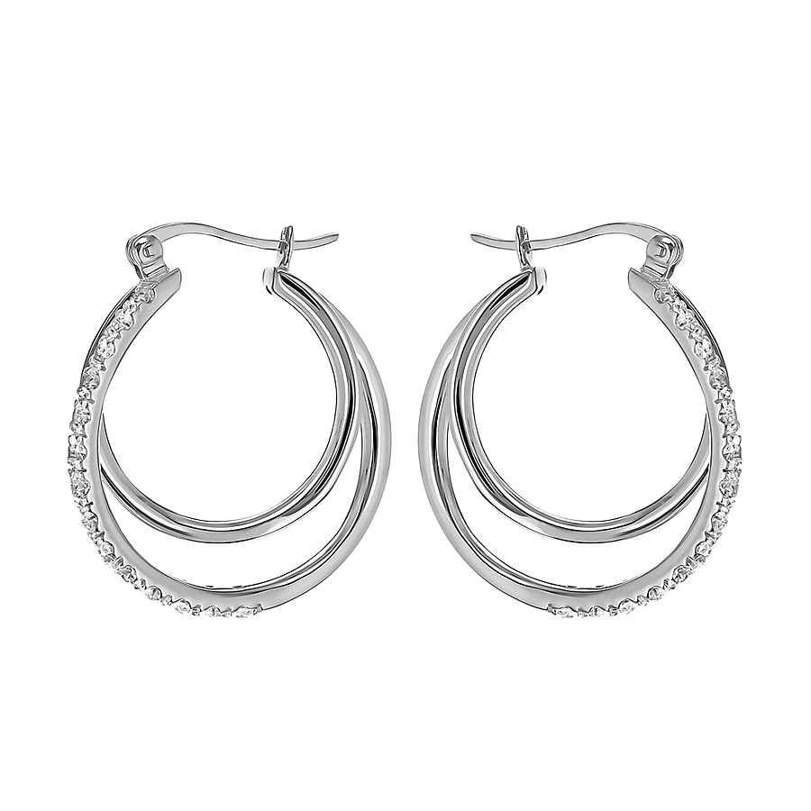 High Finish Sterling Silver CZ Double Hoop Creole Earrings