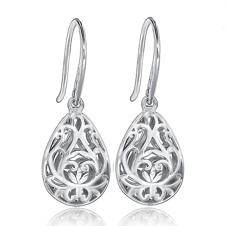 Sterling Silver Rhodium Plated 11mm x 29mm Filigree Teardrop Earrings
