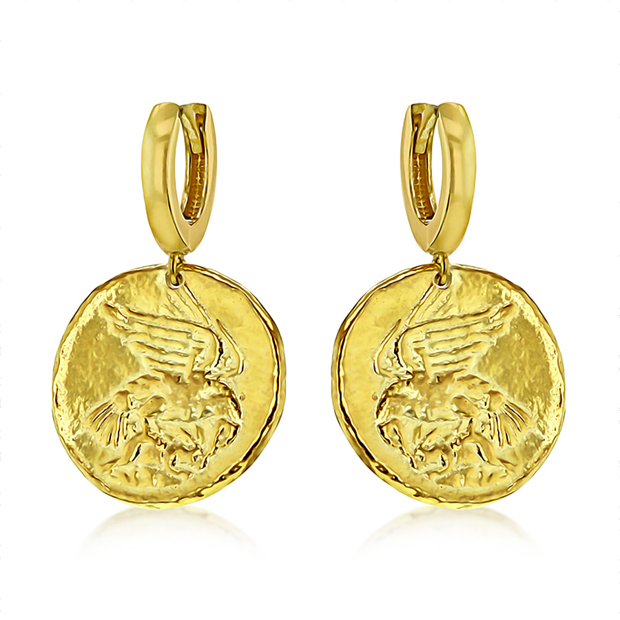 Sterling Silver Yellow Gold Plated 2.5mm x 32mm Reversible Roman Coin Creole Earrings