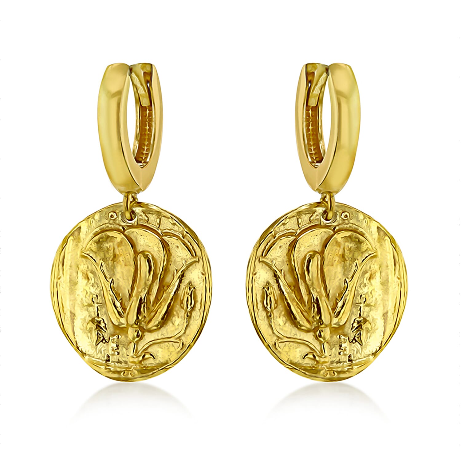 Sterling Silver Yellow Gold Plated 15.5mm x 29mm Reversible Roman Coin Creole Earrings