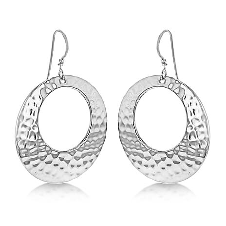 Sterling Silver Rhodium Plated 3mm x 43mm Round Hammered Cutout Drop Earrings