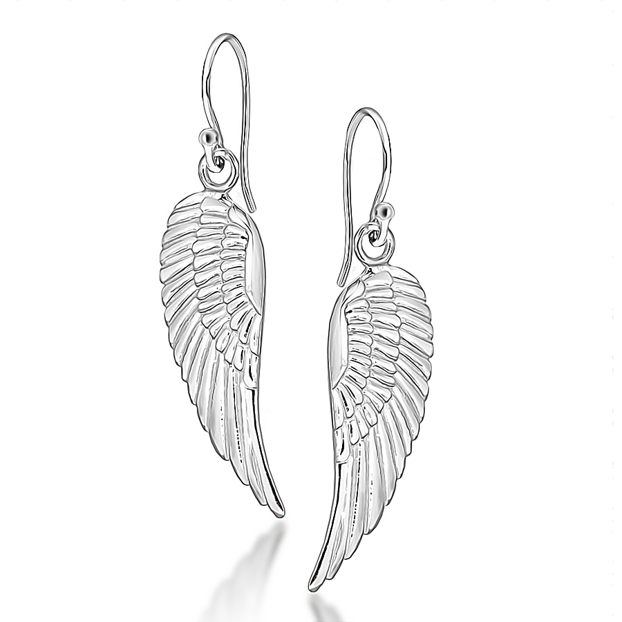 High Finish Sterling Silver 1mm x 46mm Angel Wings Drop Earrings