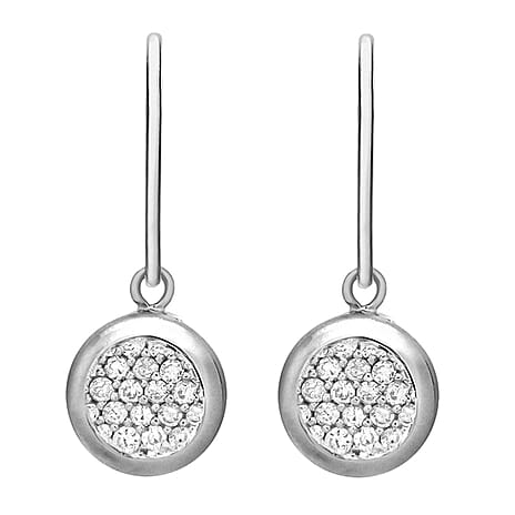 Sterling Silver Rhodium Plated Pave Set CZ Disc Drop Earrings