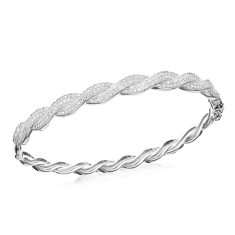 Sterling Silver Rhodium Plated CZ Twisted Bangle 7.15 Inch