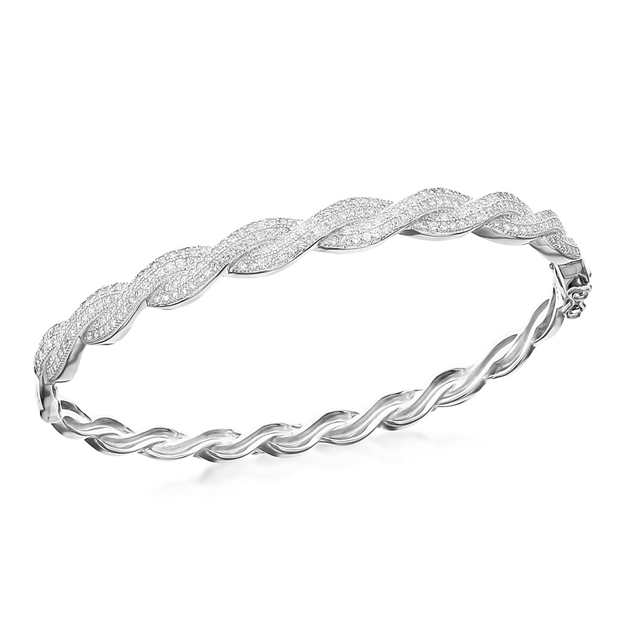 Sterling Silver Rhodium Plated CZ Twisted Bangle 7.15 Inch