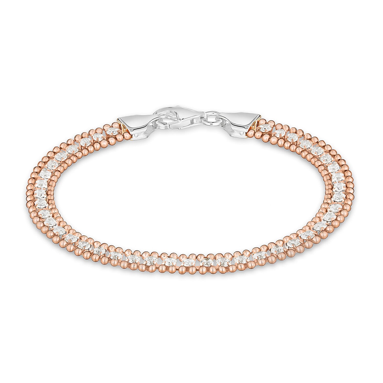 Sterling Silver 2 Tone Square CZ and Ball Chain Bracelet 7.5 Inch