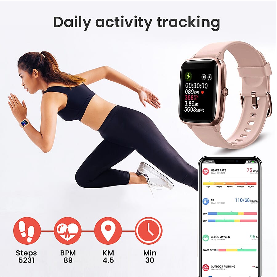 LETSCOM Smart Watch (Inclu.GPS Tracking, Fitness Track, Heart Rate Monitor & Music Control) with Pink Colour Strap