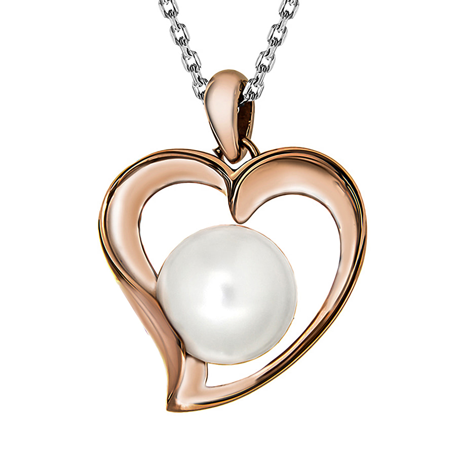 Sterling Silver Rose Gold Plated Heart with Freshwater Pearl Pendant on Adjustable Chain Necklace 18 Inch