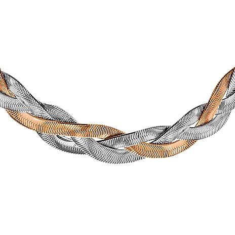 Sterling Silver Rhodium and Rose Gold Plated Herringbone Necklace 17 Inch