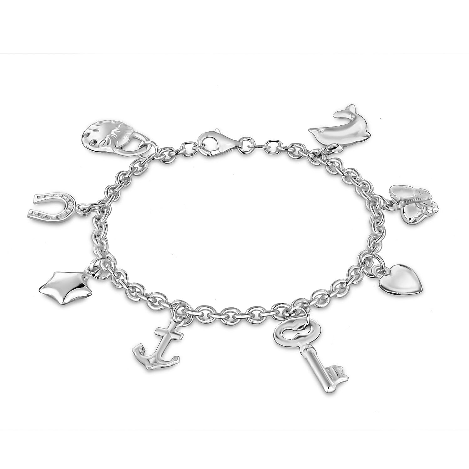 Sterling Silver Rhodium Plated 8 Charm Belcher Bracelet 7.5 Inch