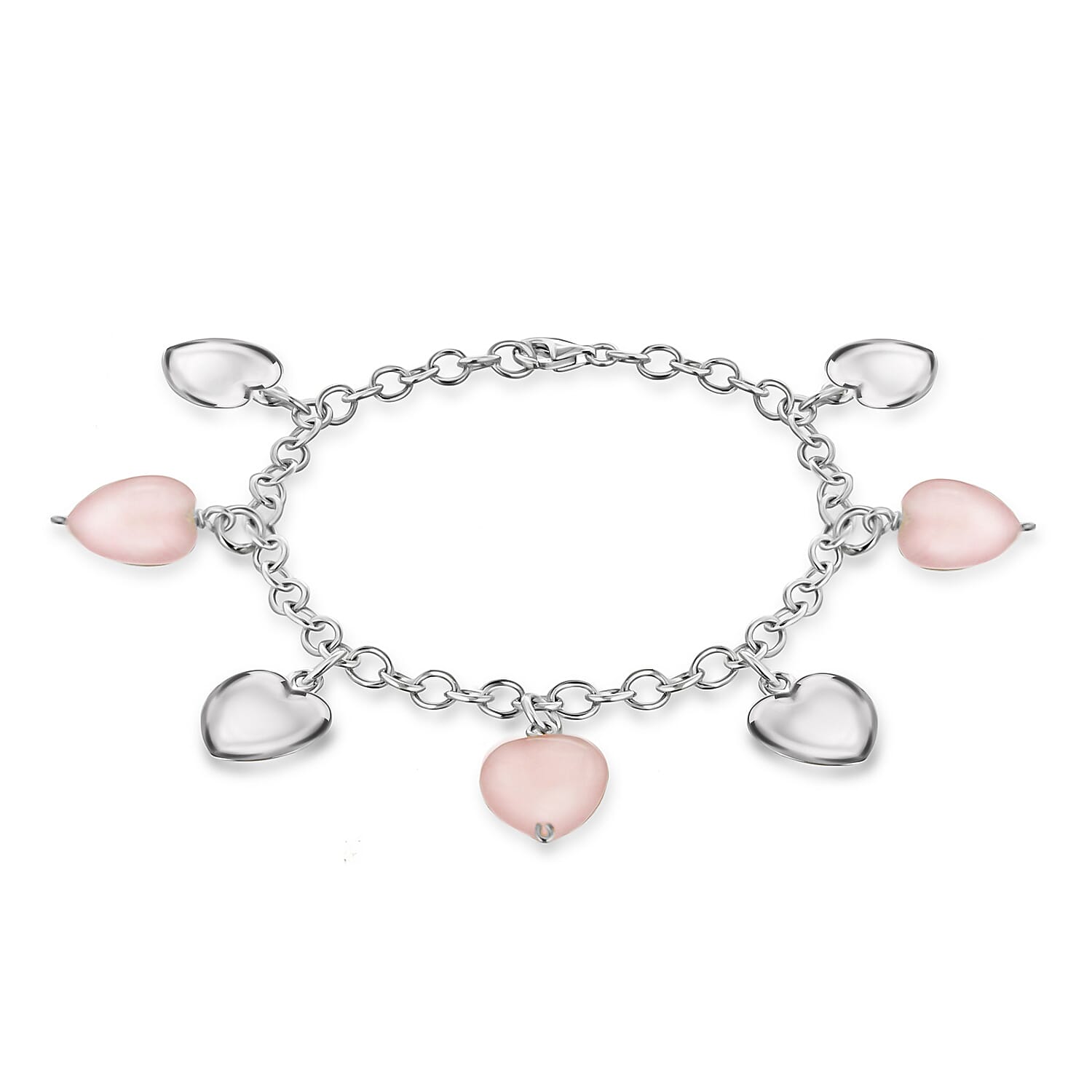 Sterling Silver and Rose Quartz Heart Charm Bracelet 7.5 Inch