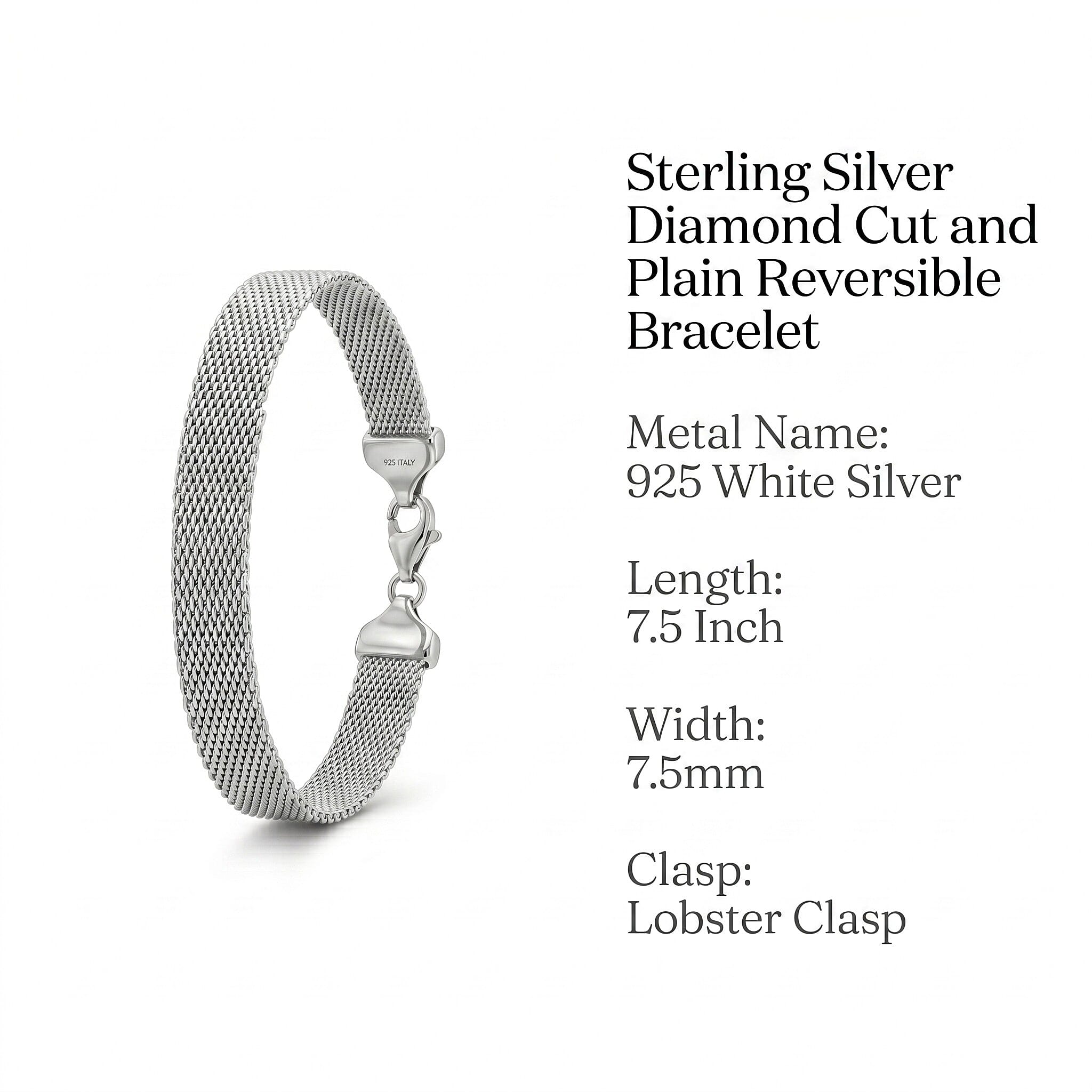 Sterling Silver 7.5mm Diamond Cut and Plain Reversible Bracelet 7.5 Inch