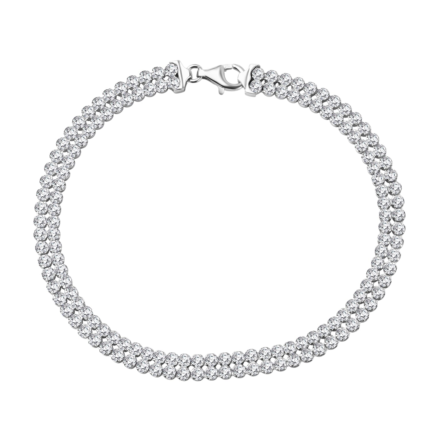Sterling Silver Rhodium Plated 2mm Round CZ Double-Row Tennis Bracelet (Size 7.5), Silver Wt. 6.10 Gms.
