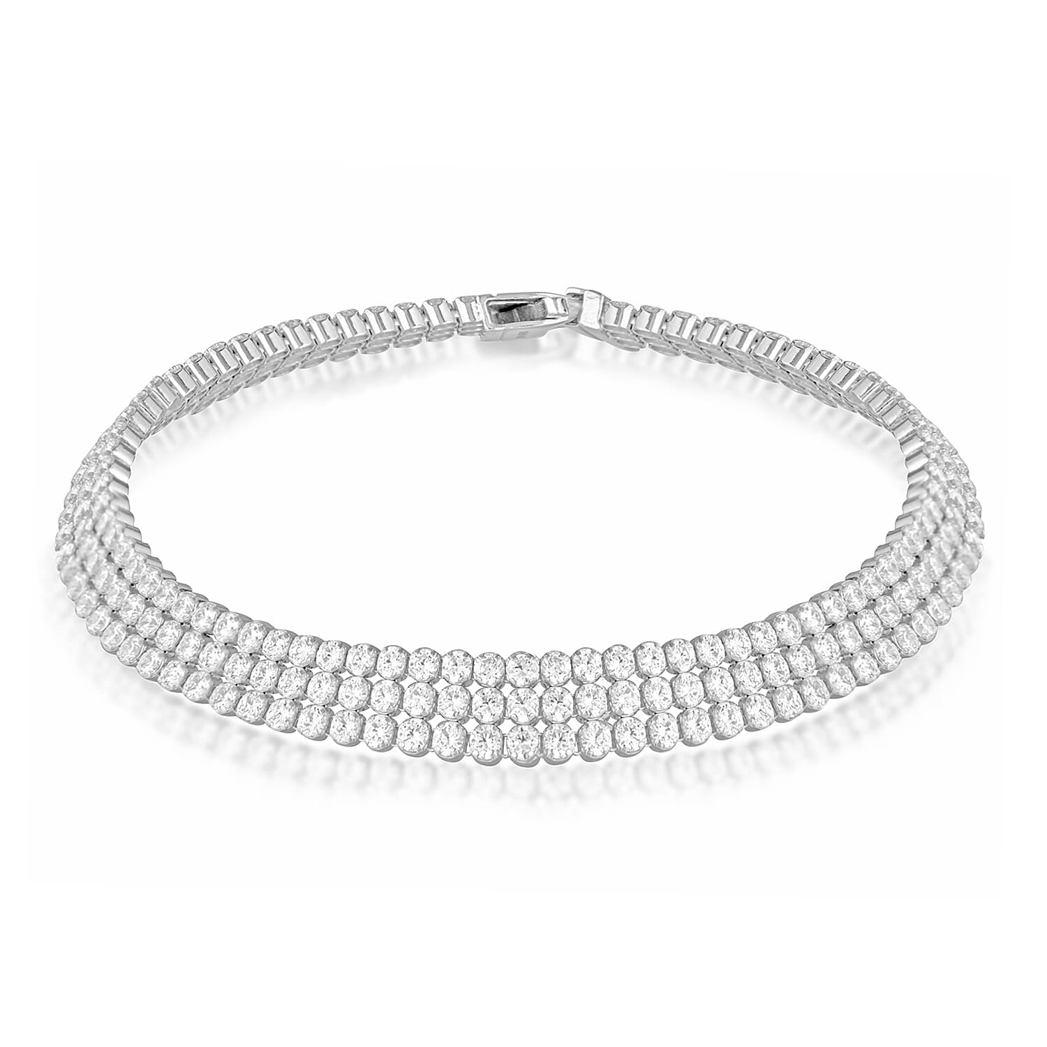 Sterling Silver Rhodium Plated 2mm Round CZ Triple-Row Tennis Bracelet 7.5 Inch