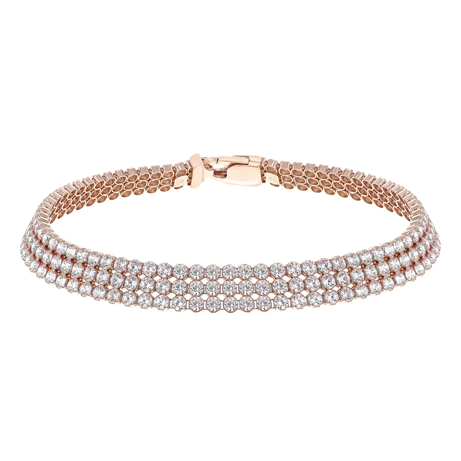 Sterling Silver Rose Gold Plated 3-Row CZ Bracelet 7.5 Inch