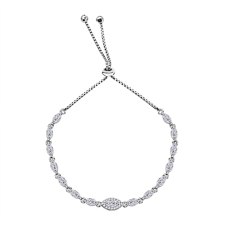 Sterling Silver Rhodium Plated Marquise CZ 5.5mm Adjustable Box Chain Slider Bracelet 4 - 9 Inch