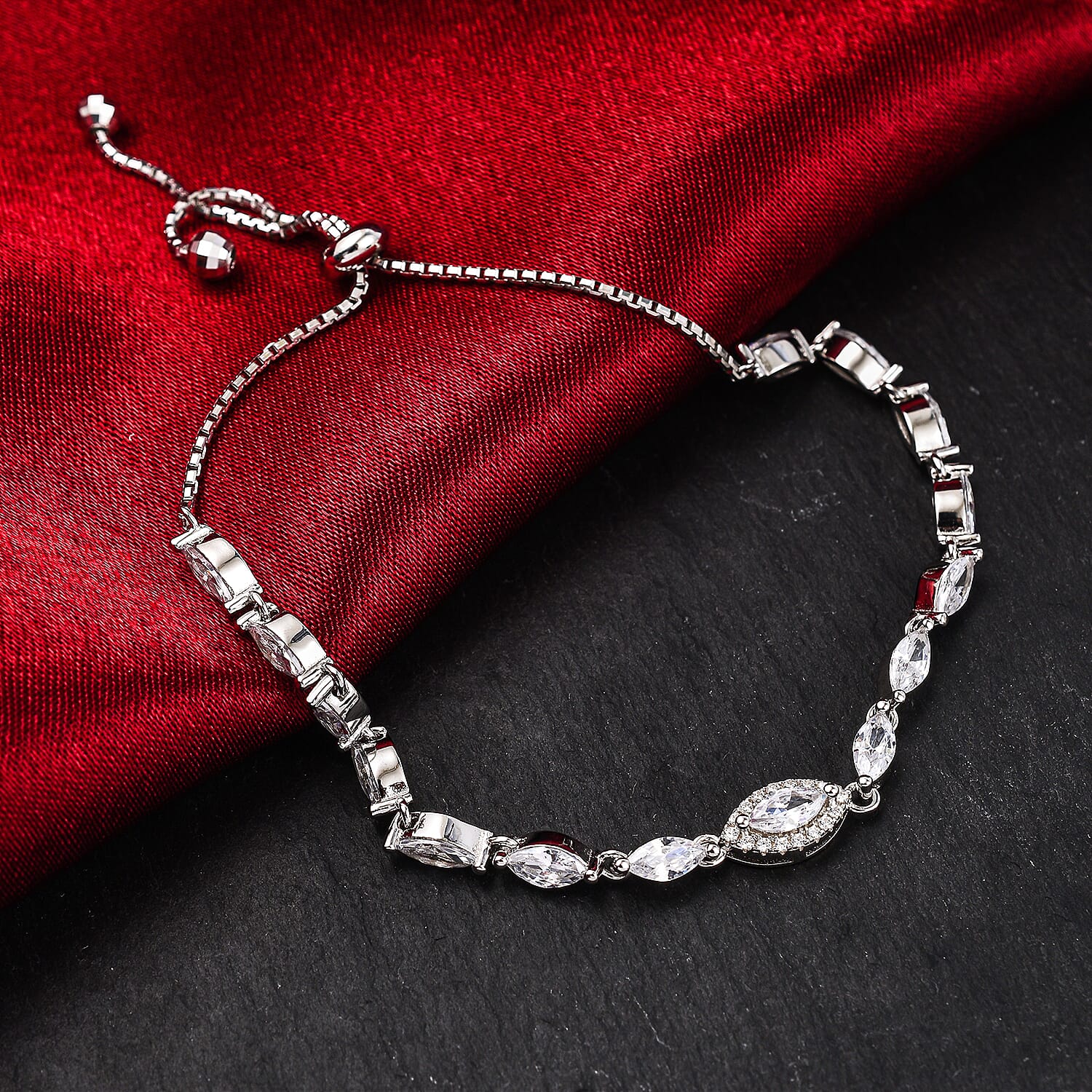 Sterling Silver Rhodium Plated Marquise CZ 5.5mm Adjustable Box Chain Slider Bracelet 4 - 9 Inch
