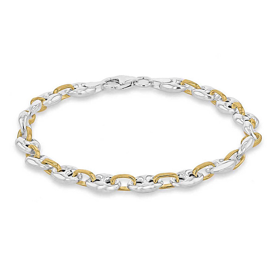 Sterling Silver 2 Tone 6.5mm Rambo and Oval Link Chain Bracelet 7.5 Inch
