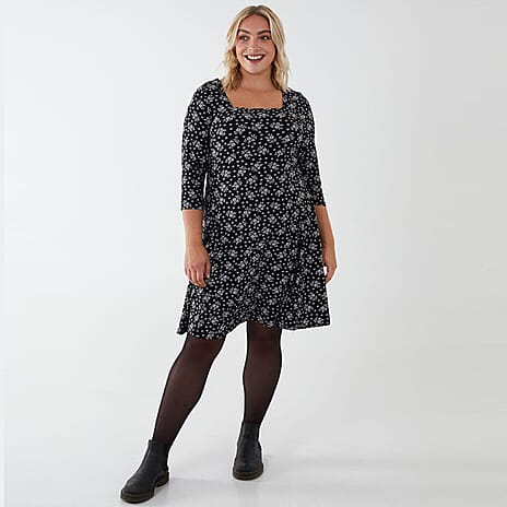 NOVA OF LONDON Floral Pattern Square Neck Swing Dress (Size 18) - Black