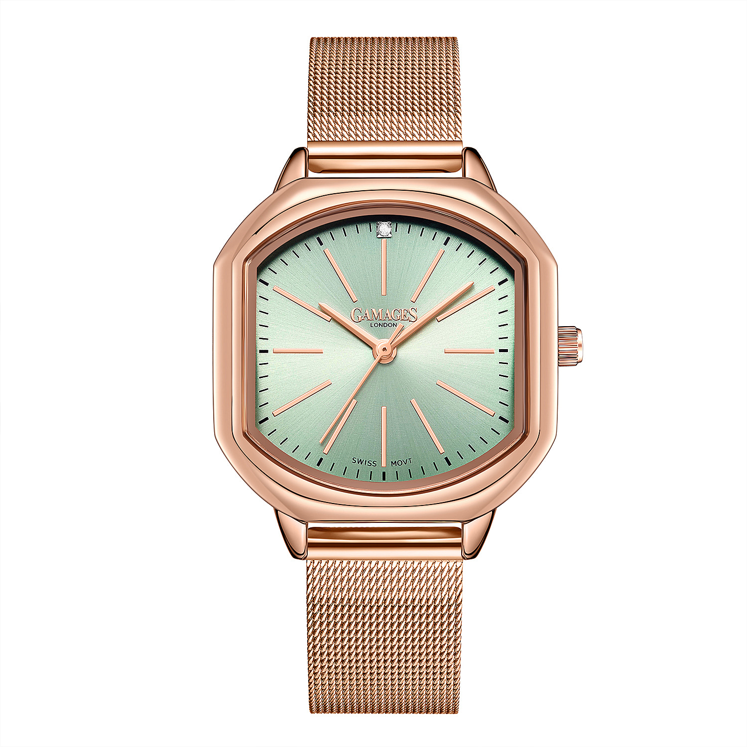 Gamages Of London Ladies Ornate Automatic Movement Teal Dial Diamond Studded Water Resistant Watch with Rose Gold Colour Bracelet