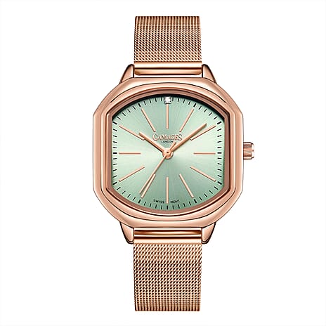 Gamages Of London Ladies Ornate Swiss Movement Teal Dial Diamond Studded Water Resistant Watch with Rose Gold Colour Bracelet