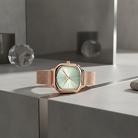 Gamages Of London Ladies Ornate Swiss Movement Teal Dial Diamond Studded Water Resistant Watch with Rose Gold Colour Bracelet