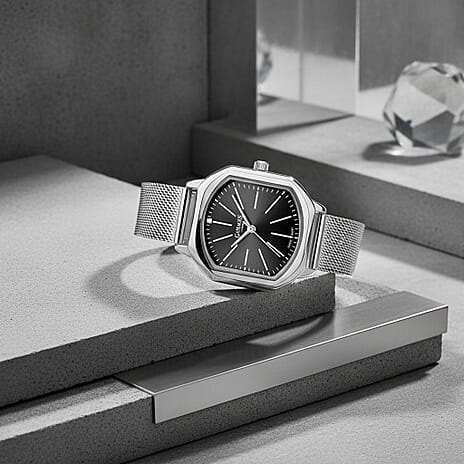 Gamages Of London Ladies Ornate Swiss Movement Black Dial Diamond Studded Water Resistant Watch with Silver Colour Bracelet