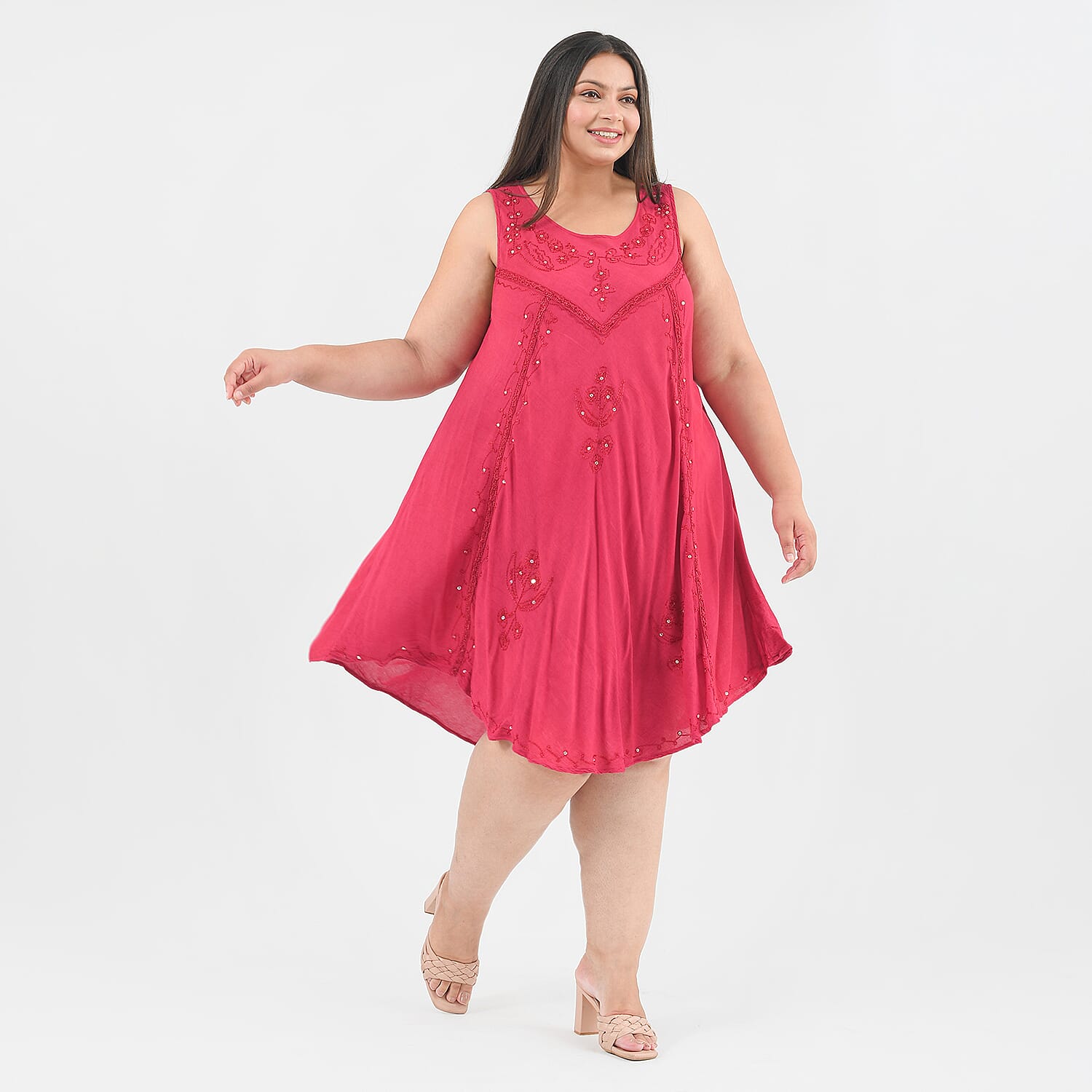 Tamsy Viscose Umbrella Dress with Sequin Floral Embroidery - Black