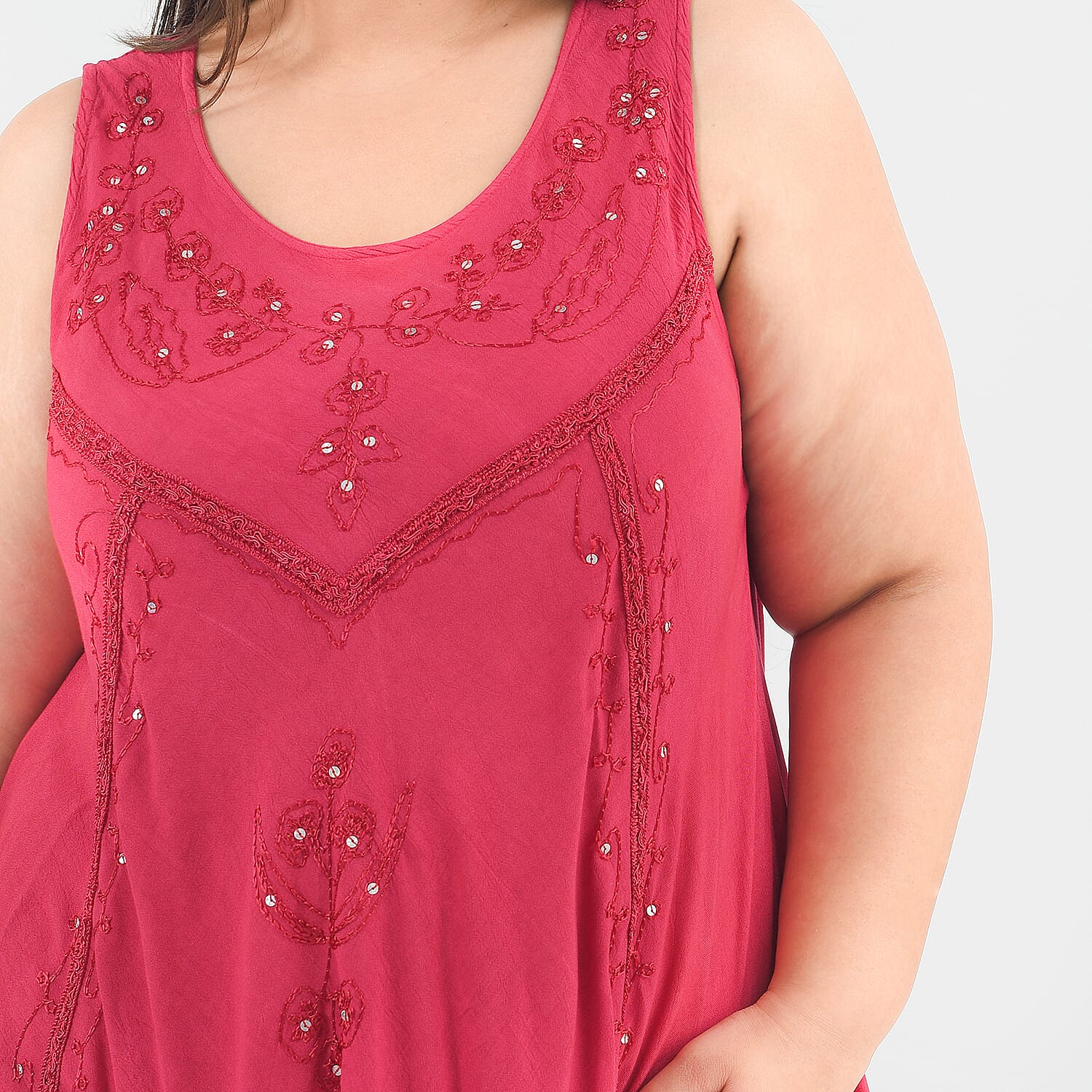 Tamsy Viscose Umbrella Dress with Sequin Floral Embroidery - Black