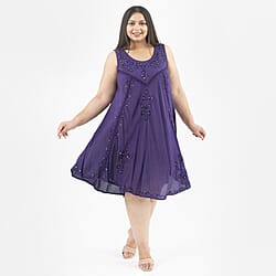 Tamsy Viscose Umbrella Dress with Sequin Floral Embroidery - Purple