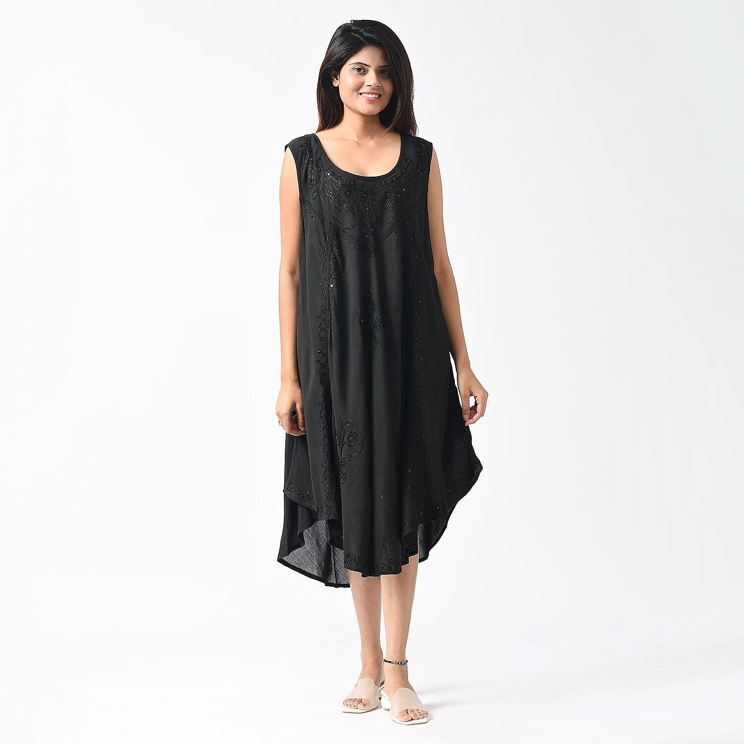 Tamsy 100% Viscose Umbrella Dress with Sequin Floral Embroidery (One Size Curve 20-26) - Black