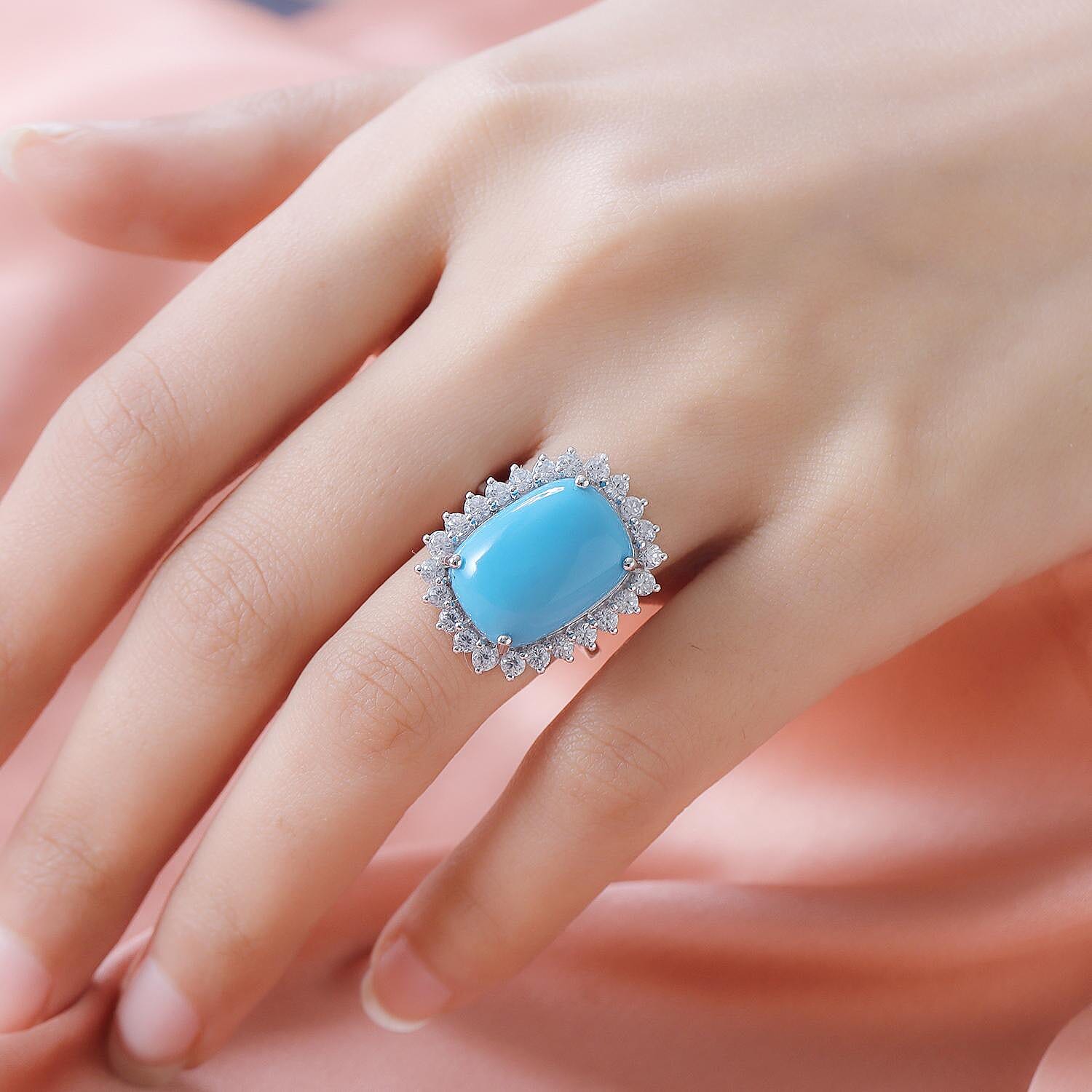 Arizona Sleeping Beauty Turquoise (CS 9.50 Cts) and Natural Zircon Halo Ring in Platinum Overlay Sterling Silver 11.70 Ct.